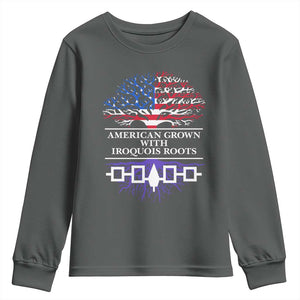 American Grown With Iroquois Roots Youth Sweatshirt Tree USA Flag TS11 Dark Heather Print Your Wear