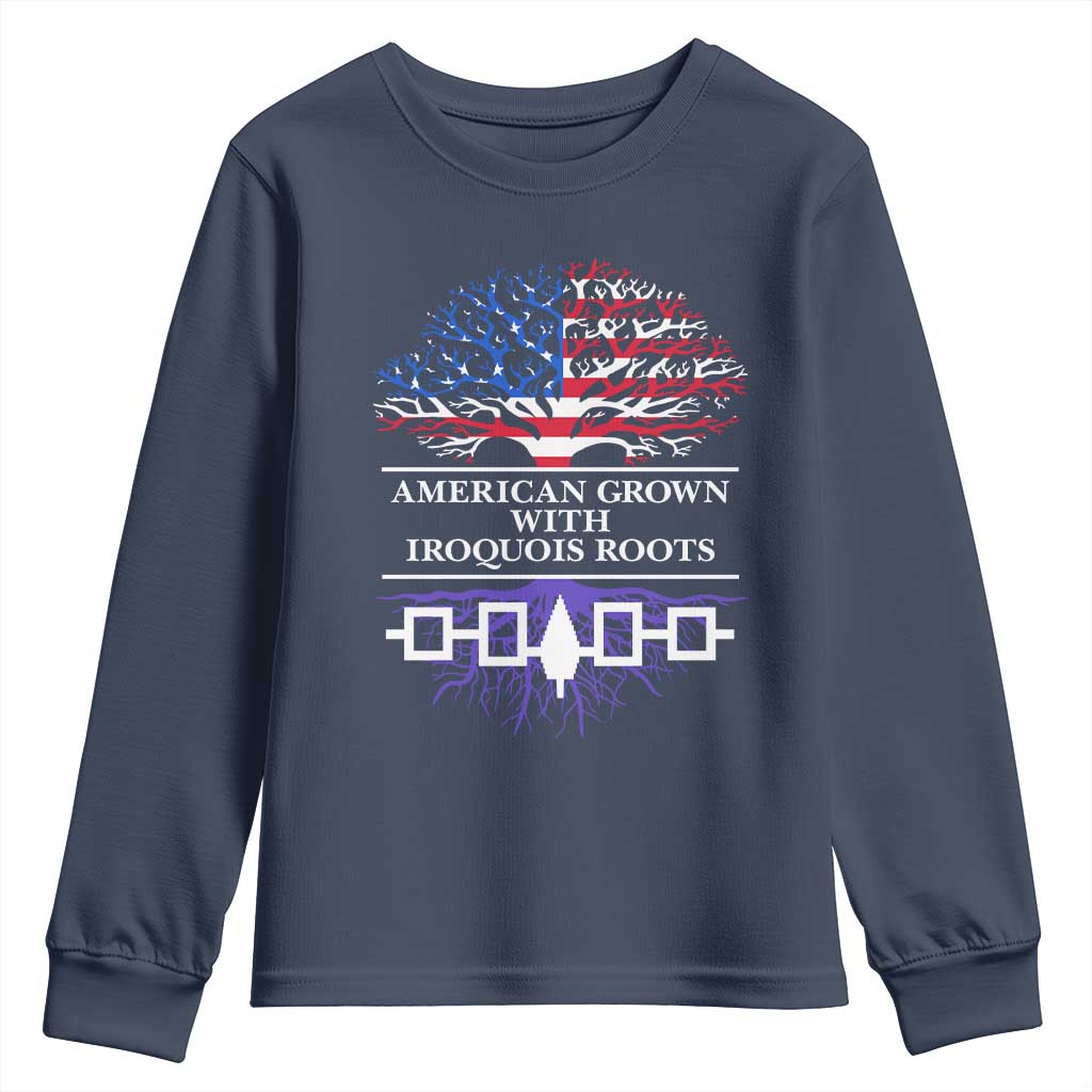 American Grown With Iroquois Roots Youth Sweatshirt Tree USA Flag TS11 Navy Print Your Wear