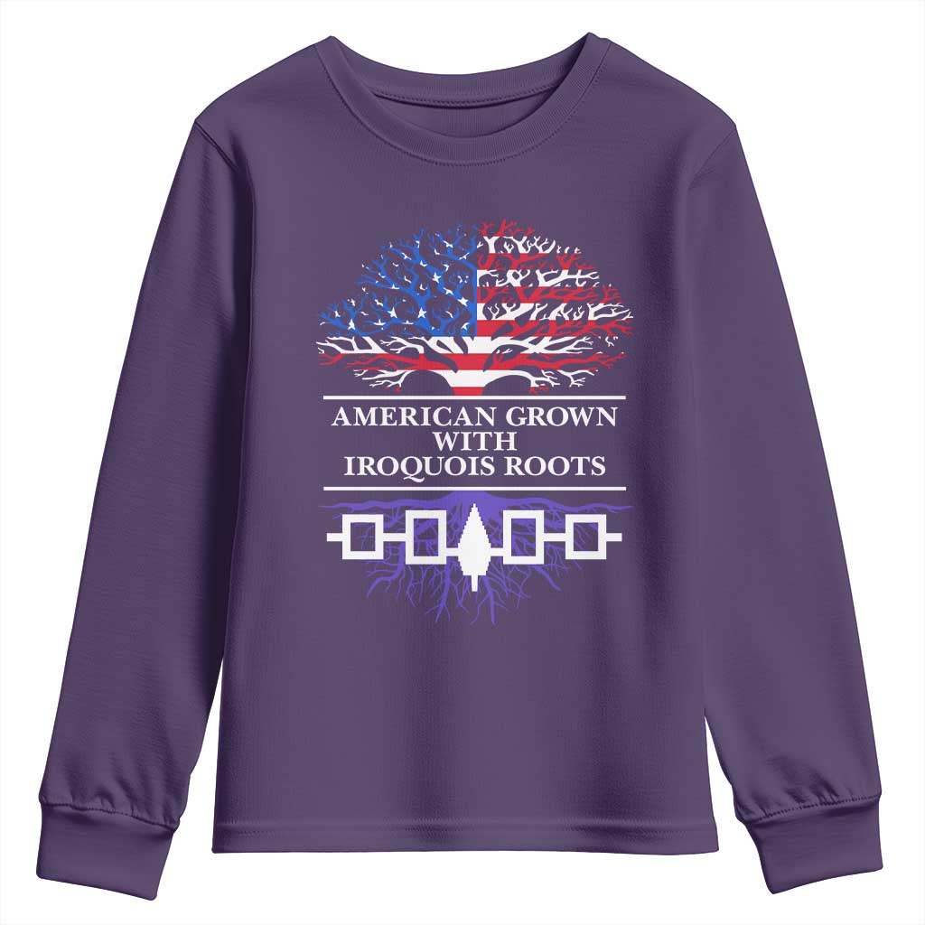 American Grown With Iroquois Roots Youth Sweatshirt Tree USA Flag TS11 Purple Print Your Wear