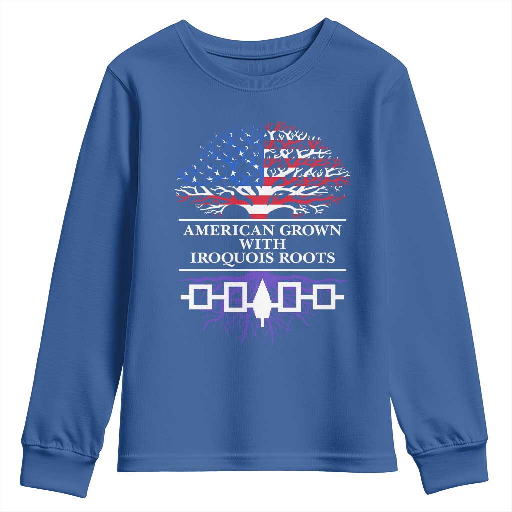 American Grown With Iroquois Roots Youth Sweatshirt Tree USA Flag TS11 Royal Blue Print Your Wear