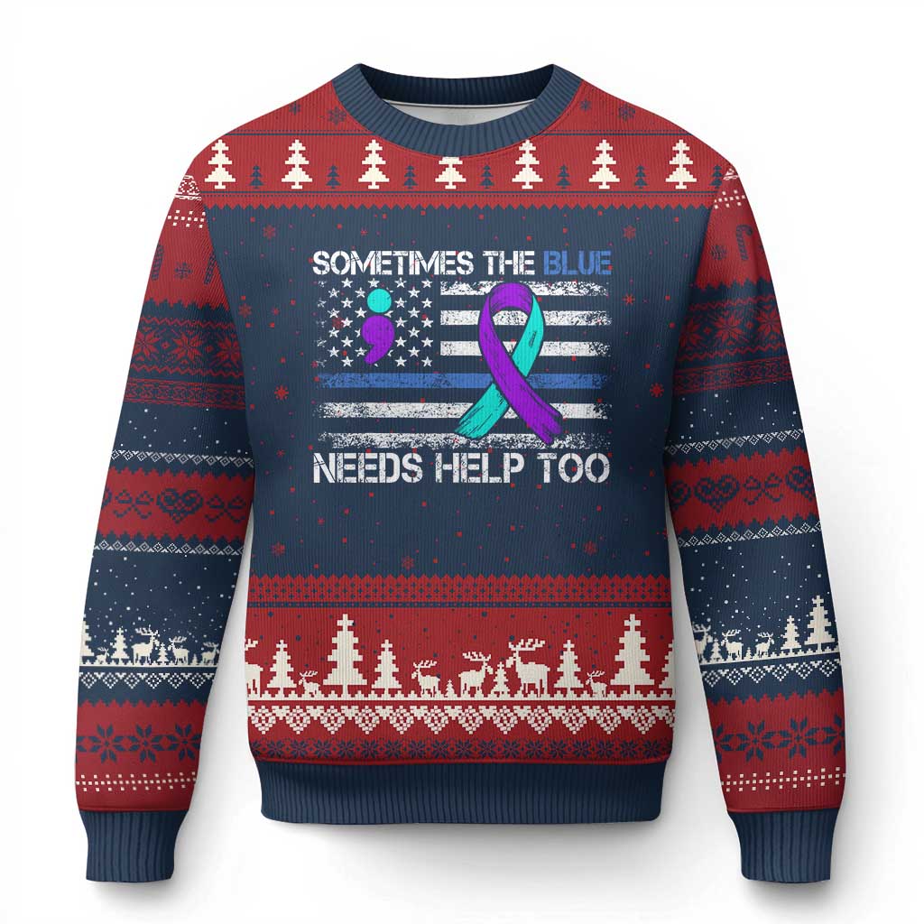 Police Suicide Awareness Ugly Christmas Sweater Sometimes The Blue Need Help Too TS11 Navy Red Print Your Wear