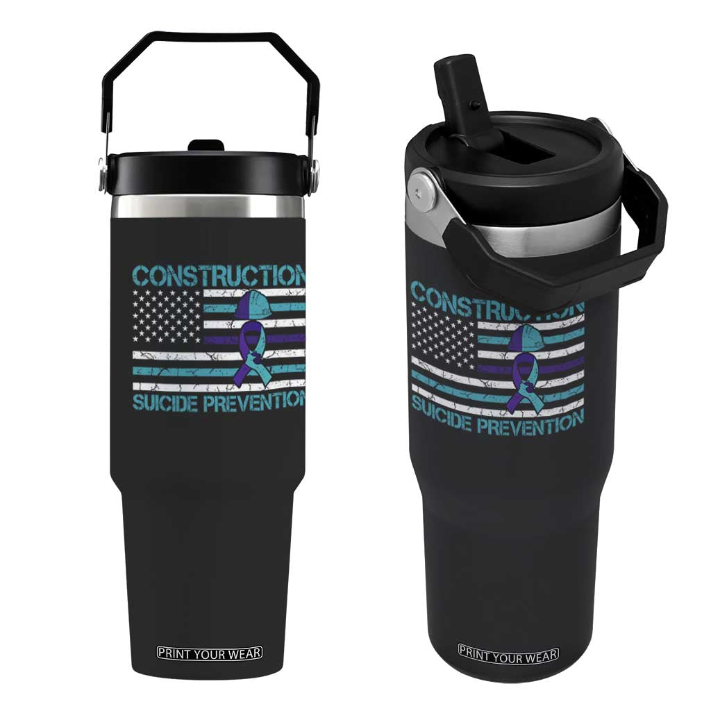 Construction Suicide Prevention Awareness Flip Straw Tumbler Mental Health American Flag TS11 One Size: 30 oz Black Print Your Wear