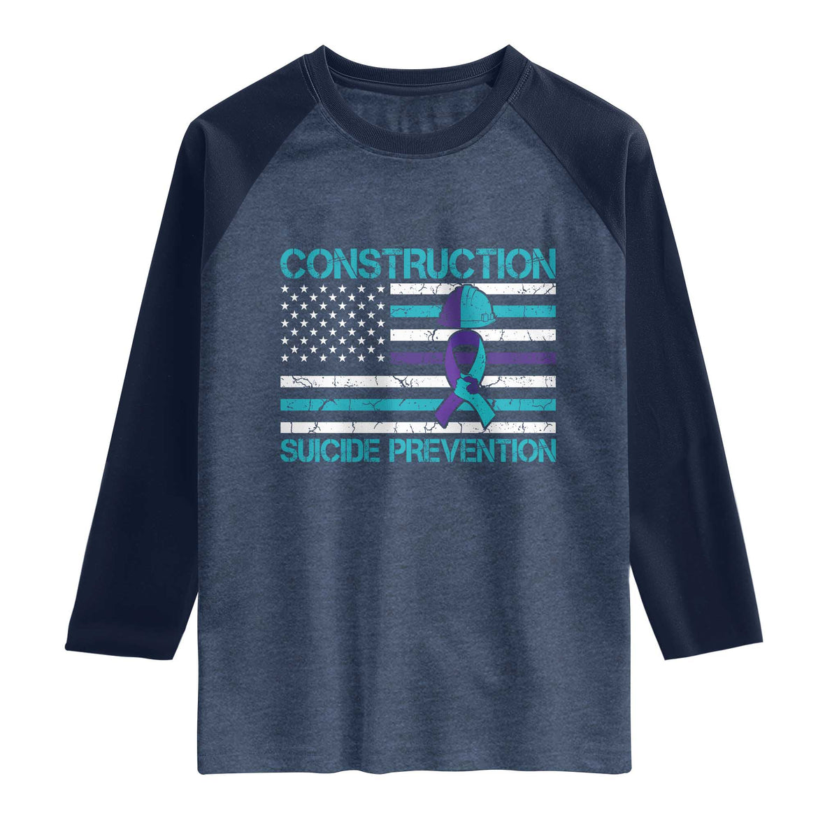 Construction Suicide Prevention Awareness Raglan Shirt Mental Health American Flag TS11 Heather Denim Navy Print Your Wear