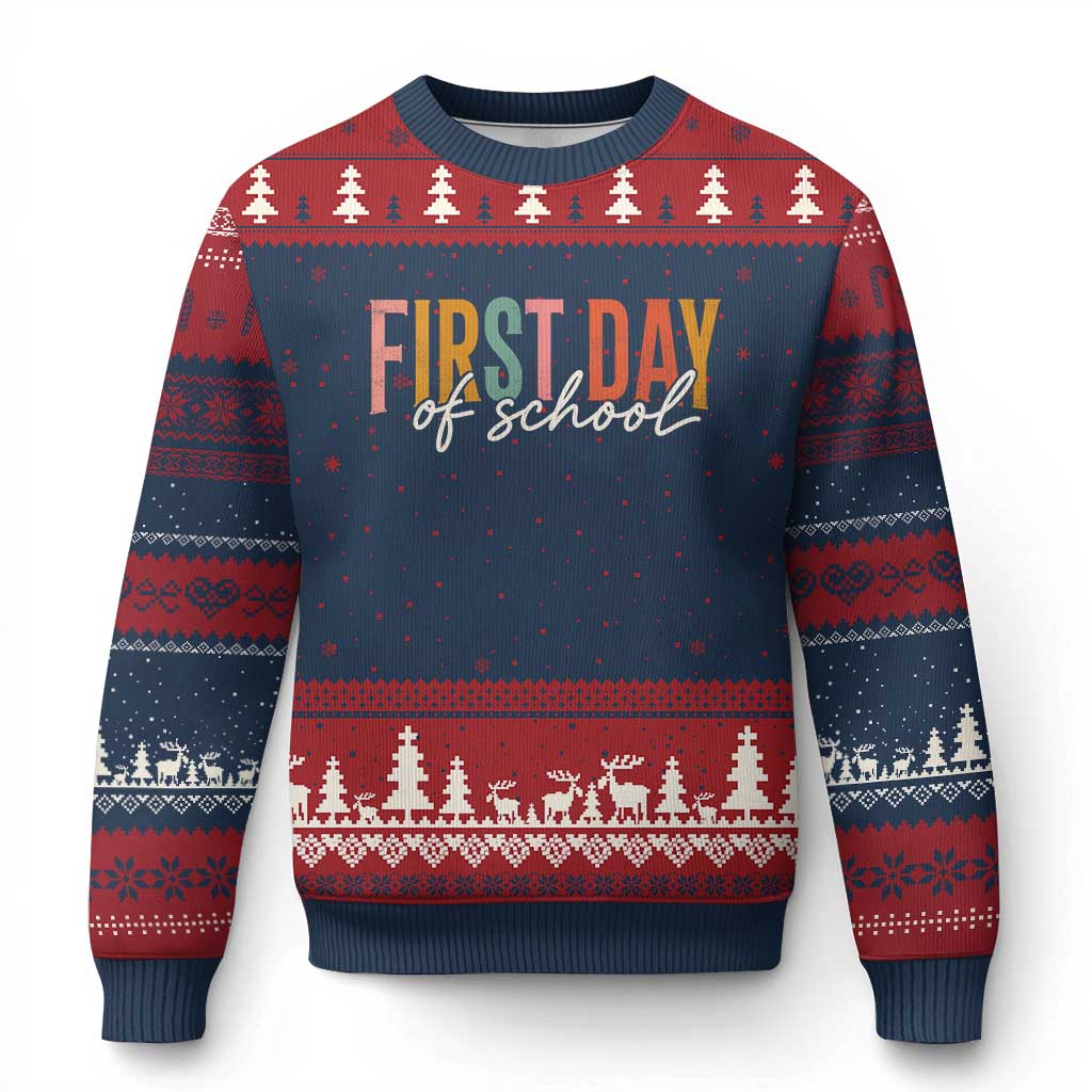 First Day of School Teacher Student Ugly Christmas Sweater Funny Back to School Retro TS11 Navy Red Print Your Wear