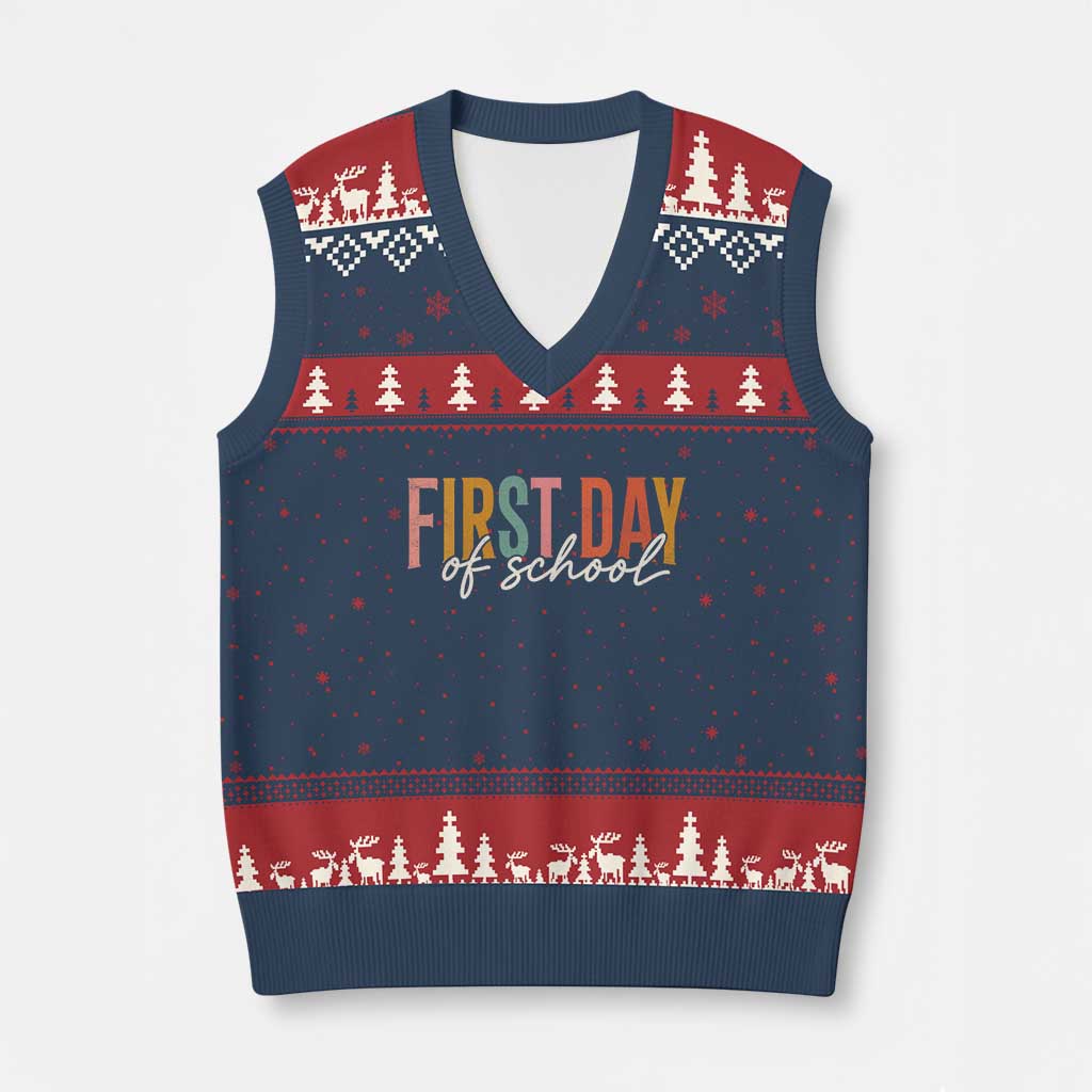 First Day of School Teacher Student V-Neck Knit Sweater Vest Funny Back to School Retro TS11 Navy Red Print Your Wear