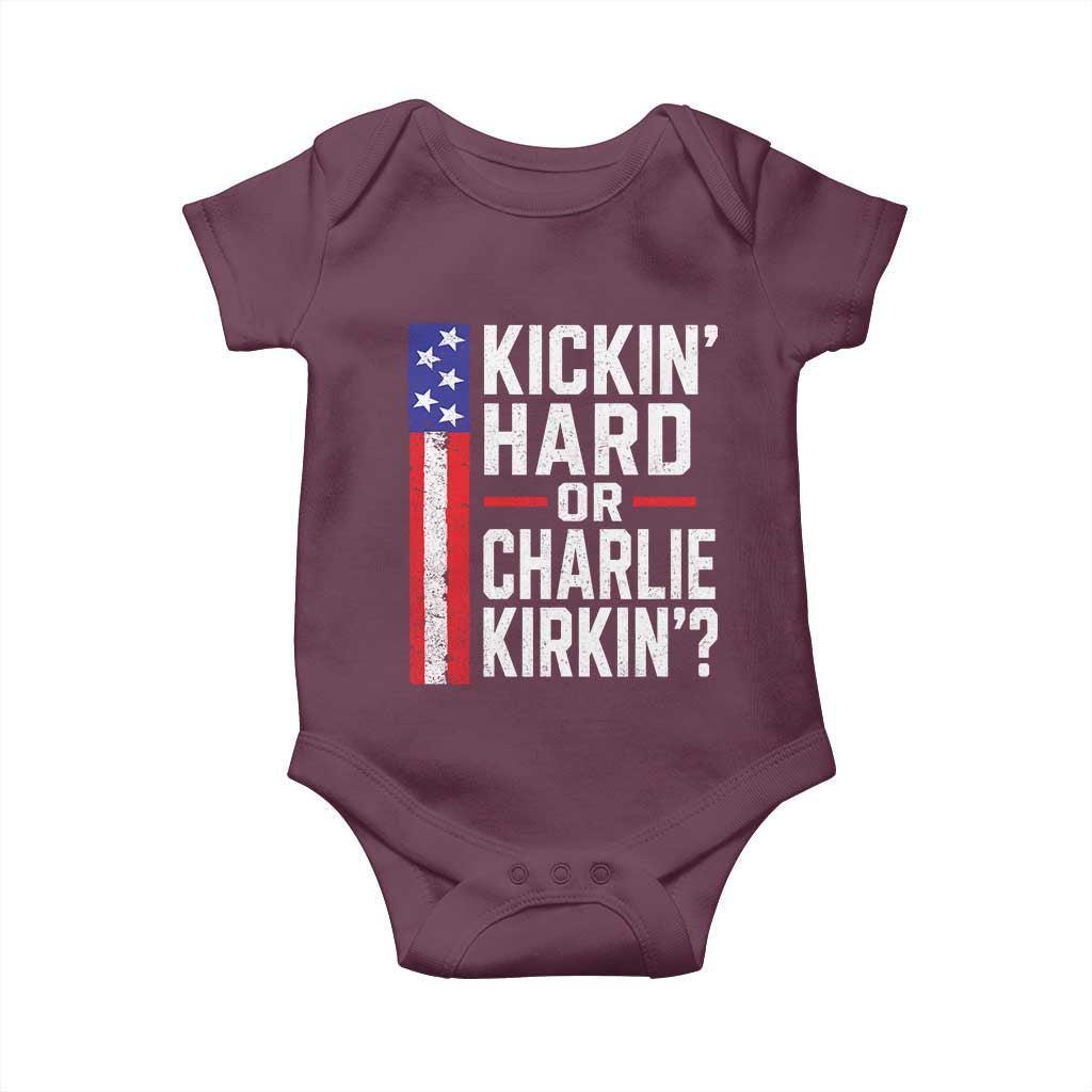 Funny Kickin Hard Or Kirkin US Political Baby Onesie Vintage American Flag