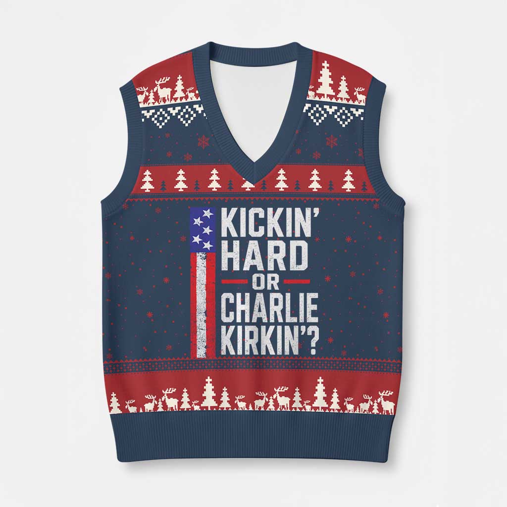 Funny Kickin Hard Or Kirkin US Political V-Neck Knit Sweater Vest Vintage American Flag