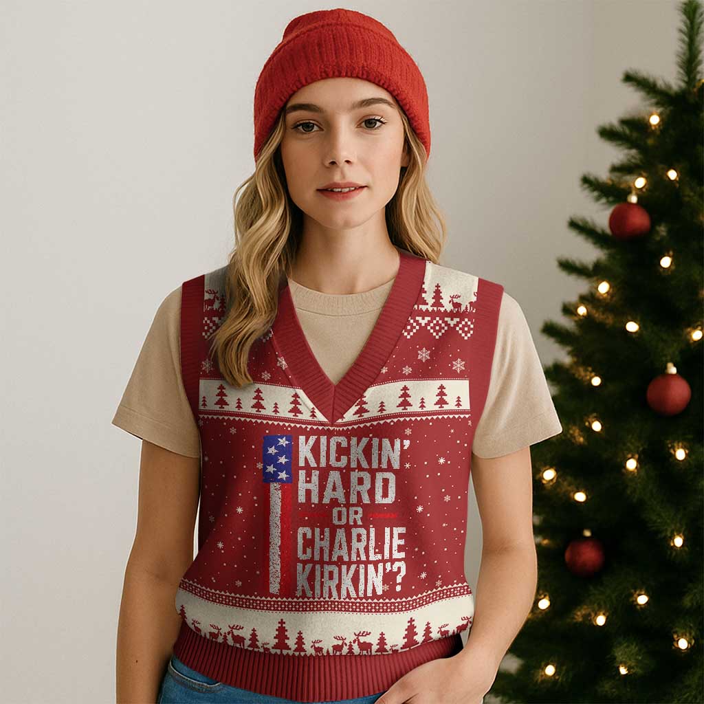 Funny Kickin Hard Or Kirkin US Political V-Neck Knit Sweater Vest Vintage American Flag