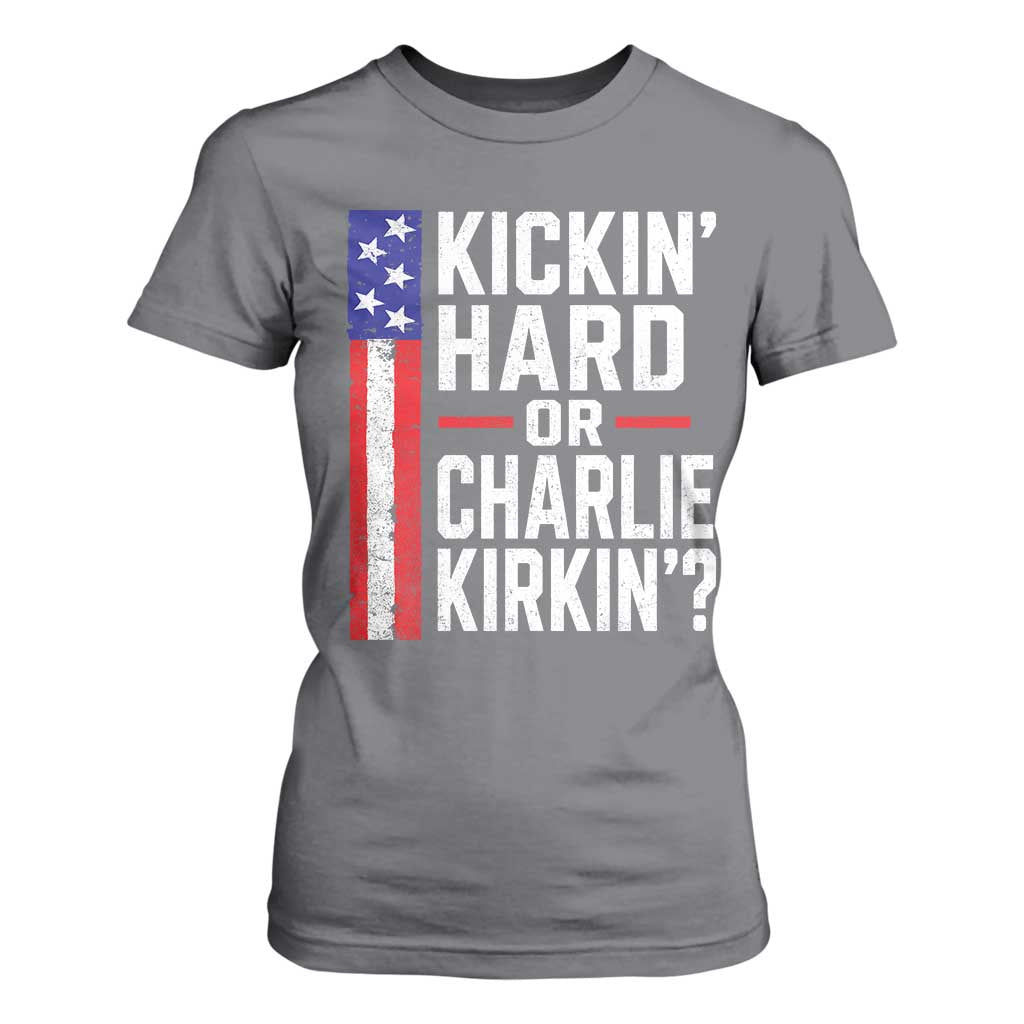 Funny Kickin Hard Or Kirkin US Political T Shirt For Women Vintage American Flag