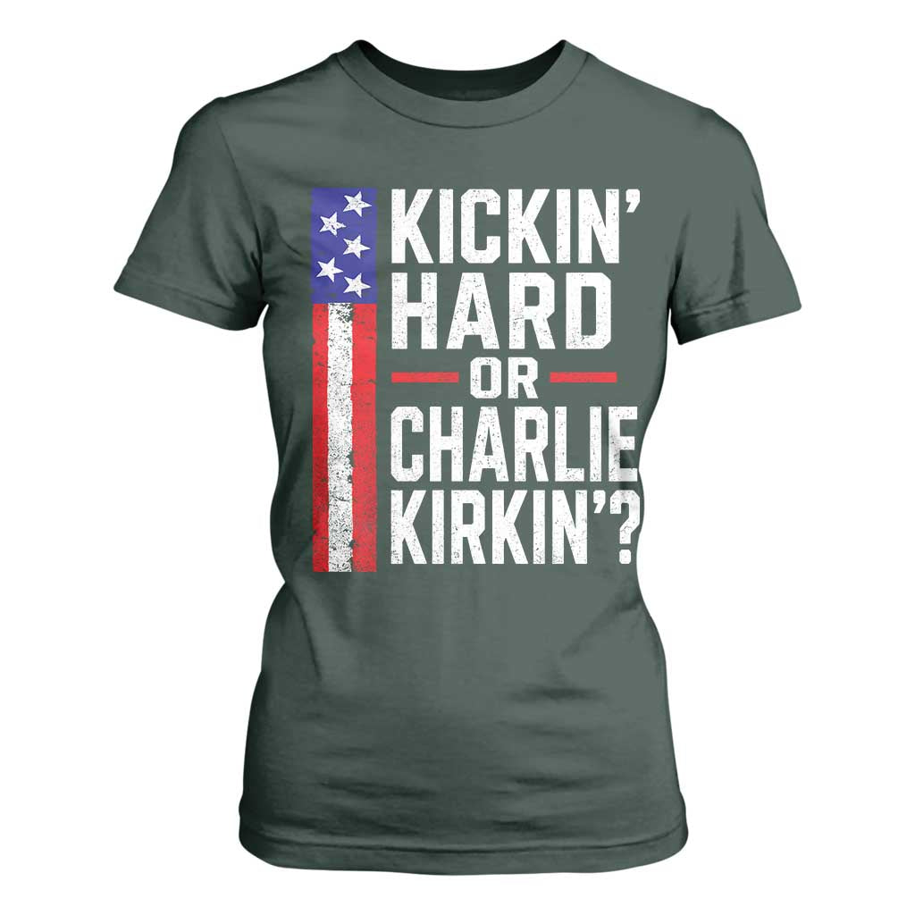 Funny Kickin Hard Or Kirkin US Political T Shirt For Women Vintage American Flag