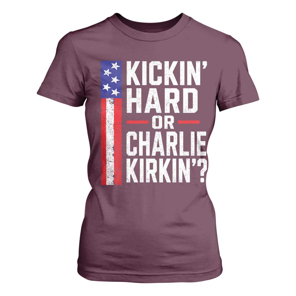 Funny Kickin Hard Or Kirkin US Political T Shirt For Women Vintage American Flag