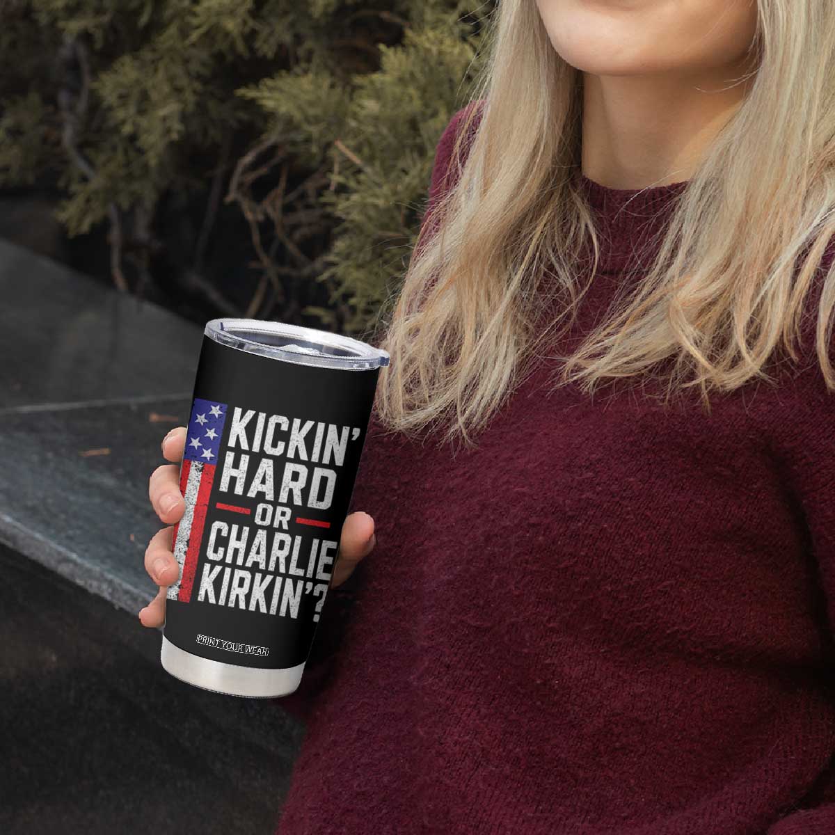 Funny Kickin Hard Or Kirkin US Political Tumbler Cup Vintage American Flag