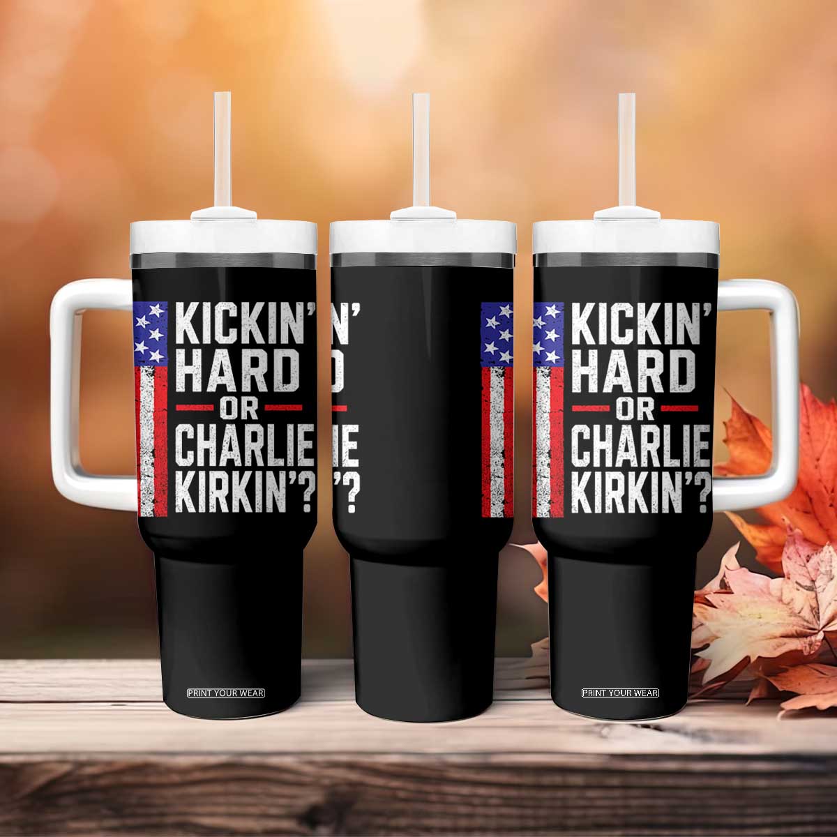 Funny Kickin Hard Or Kirkin US Political Tumbler With Handle Vintage American Flag