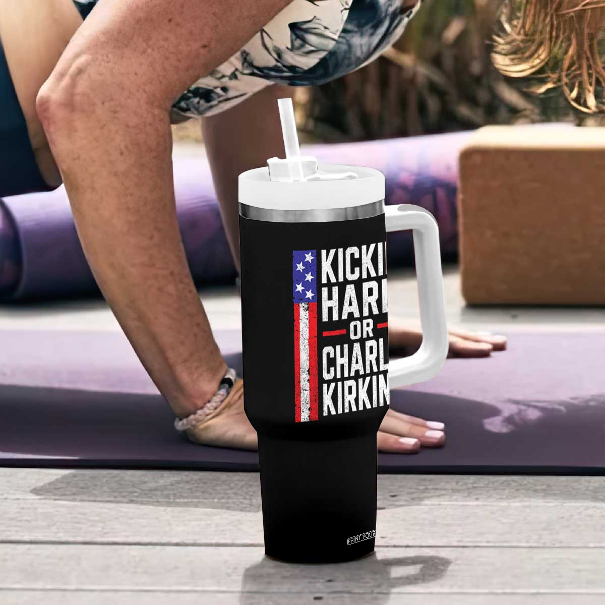 Funny Kickin Hard Or Kirkin US Political Tumbler With Handle Vintage American Flag