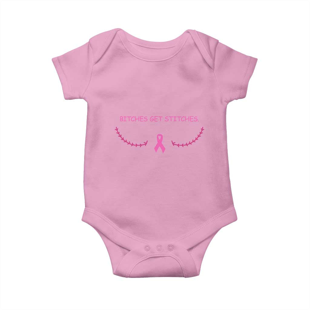 Funny Breast Cancer Awareness Baby Onesie Bitches Get Stitches Pink Ribbon