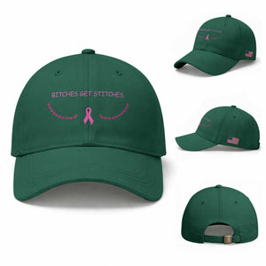 Funny Breast Cancer Awareness Baseball Cap Bitches Get Stitches Pink Ribbon