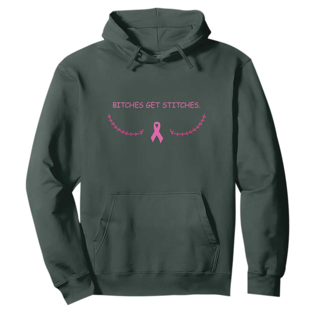 Funny Breast Cancer Awareness Hoodie Bitches Get Stitches Pink Ribbon