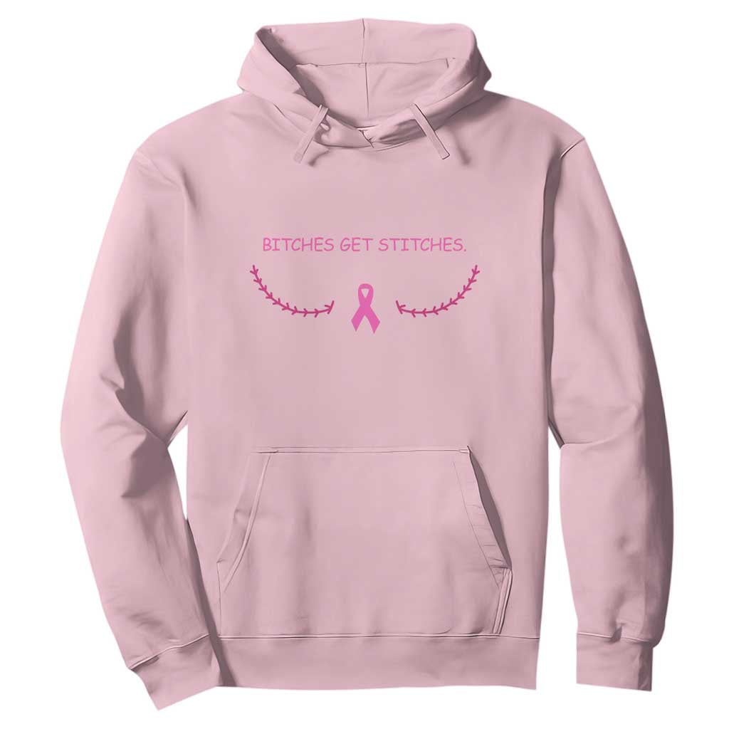 Funny Breast Cancer Awareness Hoodie Bitches Get Stitches Pink Ribbon