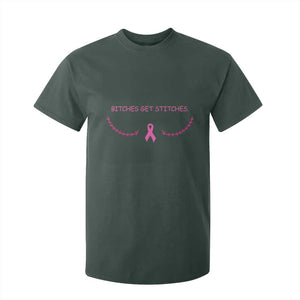 Funny Breast Cancer Awareness T Shirt For Kid Bitches Get Stitches Pink Ribbon