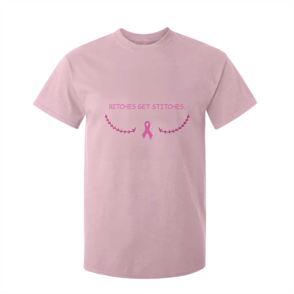 Funny Breast Cancer Awareness T Shirt For Kid Bitches Get Stitches Pink Ribbon