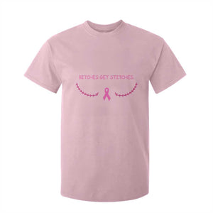 Funny Breast Cancer Awareness T Shirt For Kid Bitches Get Stitches Pink Ribbon
