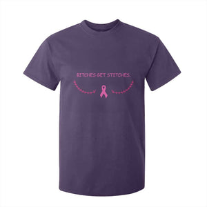 Funny Breast Cancer Awareness T Shirt For Kid Bitches Get Stitches Pink Ribbon