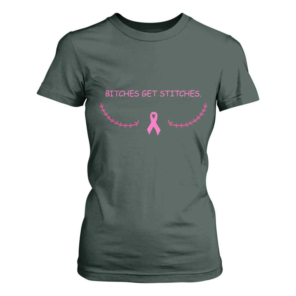 Funny Breast Cancer Awareness T Shirt For Women Bitches Get Stitches Pink Ribbon
