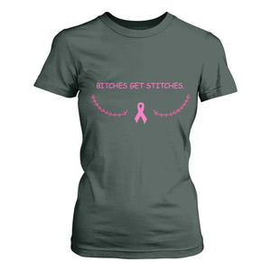 Funny Breast Cancer Awareness T Shirt For Women Bitches Get Stitches Pink Ribbon