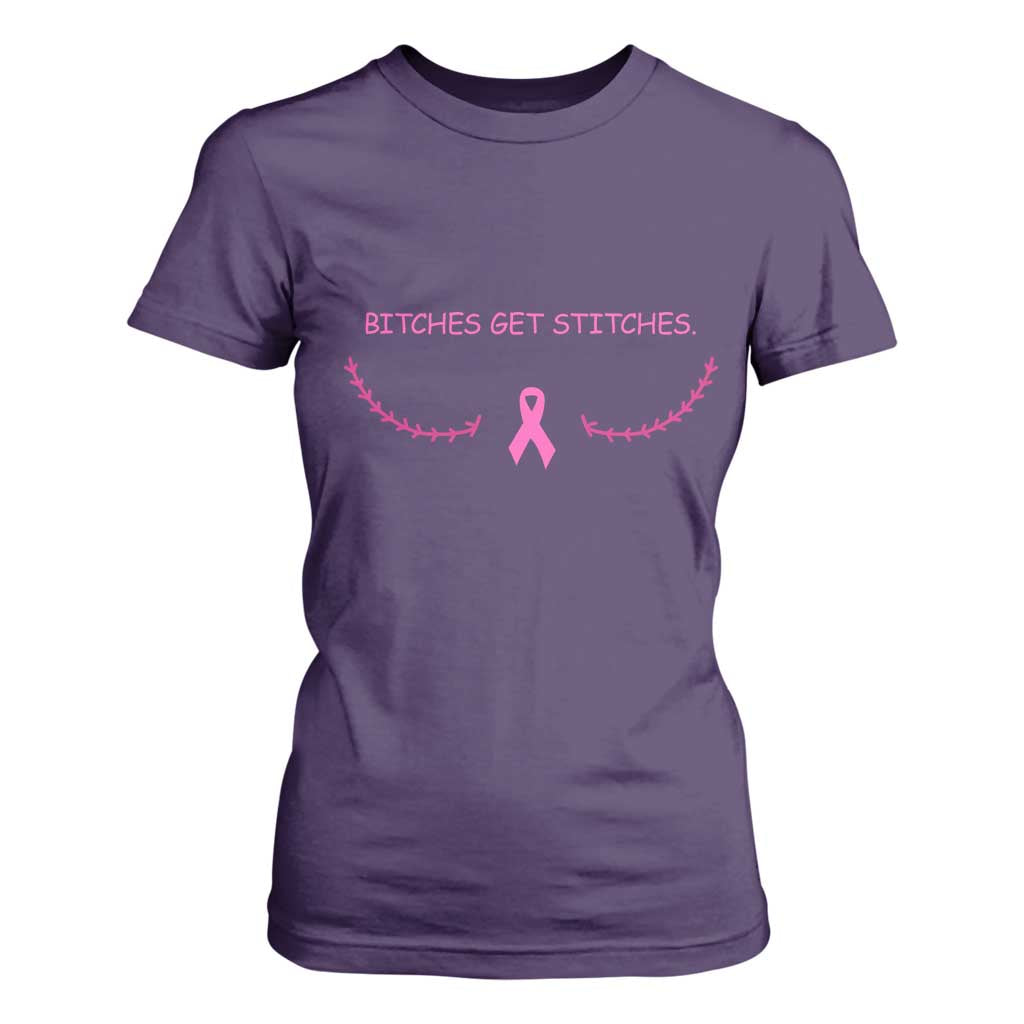 Funny Breast Cancer Awareness T Shirt For Women Bitches Get Stitches Pink Ribbon