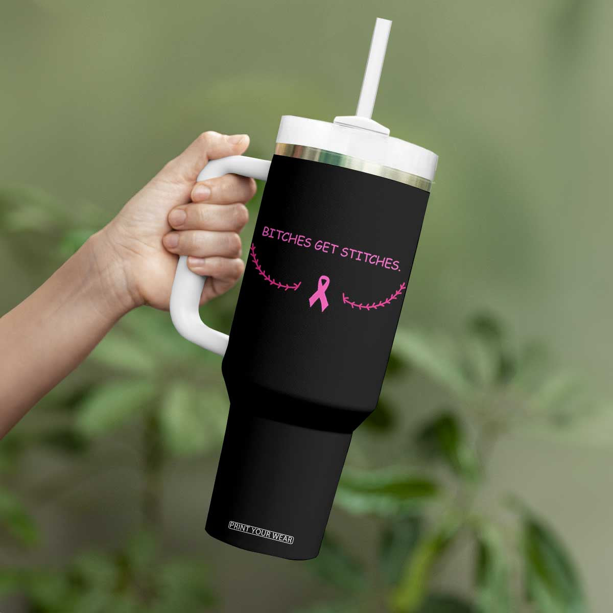 Funny Breast Cancer Awareness Tumbler With Handle Bitches Get Stitches Pink Ribbon