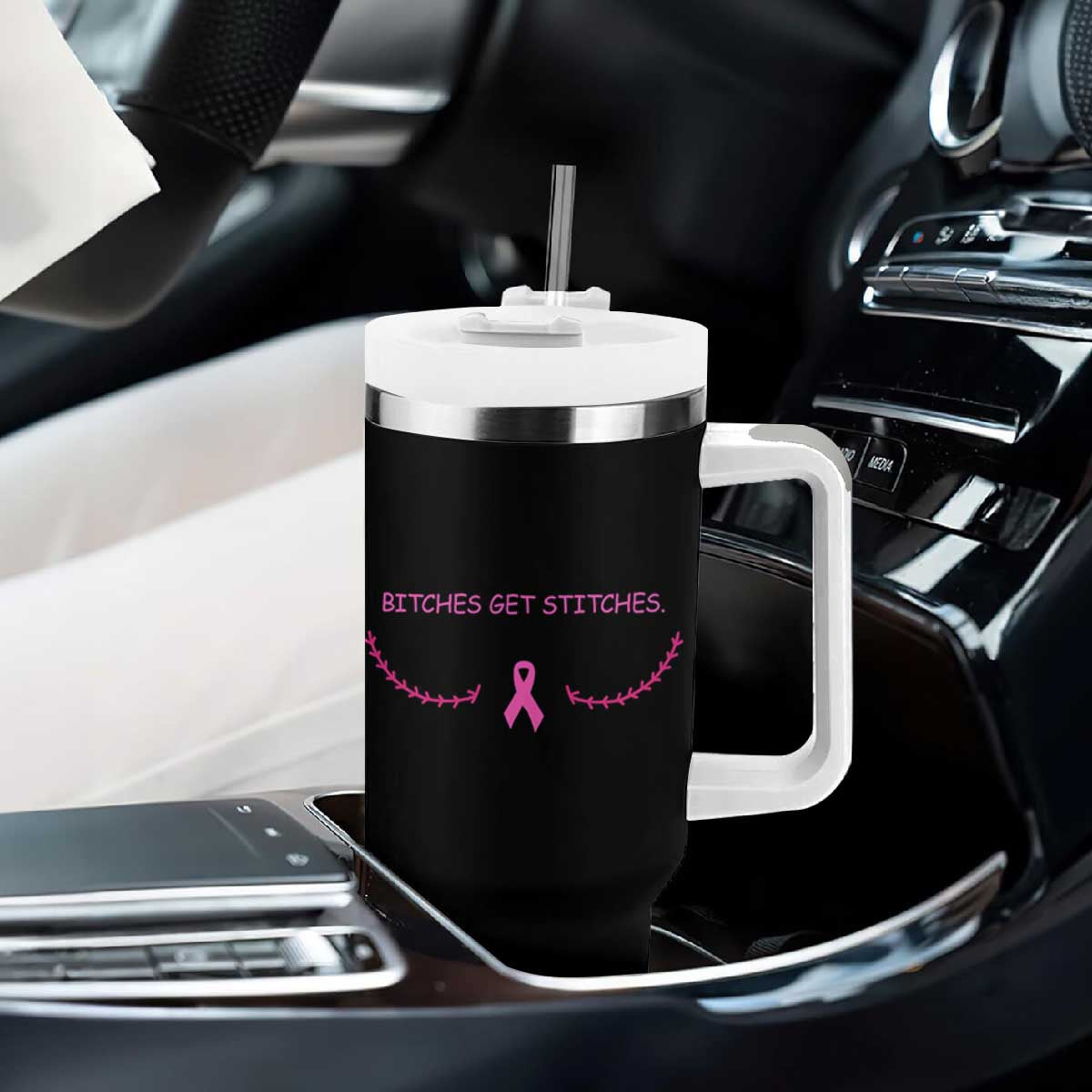 Funny Breast Cancer Awareness Tumbler With Handle Bitches Get Stitches Pink Ribbon