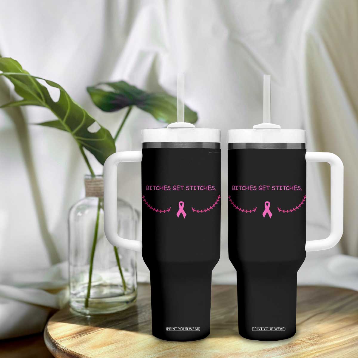 Funny Breast Cancer Awareness Tumbler With Handle Bitches Get Stitches Pink Ribbon
