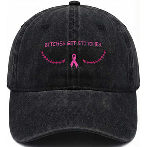 Funny Breast Cancer Awareness Washed Cotton Baseball Cap Bitches Get Stitches Pink Ribbon