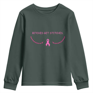 Funny Breast Cancer Awareness Youth Sweatshirt Bitches Get Stitches Pink Ribbon