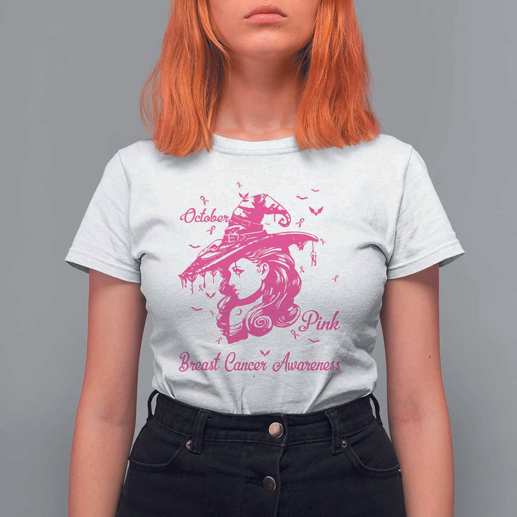Breast Cancer Awareness T Shirt For Women In October We Wear Pink Halloween Witch TS11 White Print Your Wear
