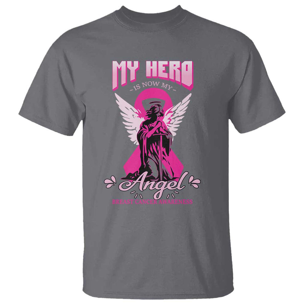 Breast Cancer Awareness T Shirt My Hero Is Now My Angel Pink Ribbon Cancer Warrior TS11 Charcoal Print Your Wear