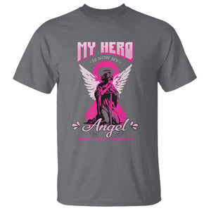 Breast Cancer Awareness T Shirt My Hero Is Now My Angel Pink Ribbon Cancer Warrior TS11 Charcoal Print Your Wear