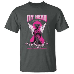 Breast Cancer Awareness T Shirt My Hero Is Now My Angel Pink Ribbon Cancer Warrior TS11 Dark Heather Print Your Wear
