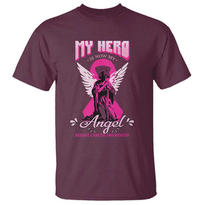 Breast Cancer Awareness T Shirt My Hero Is Now My Angel Pink Ribbon Cancer Warrior TS11 Maroon Print Your Wear