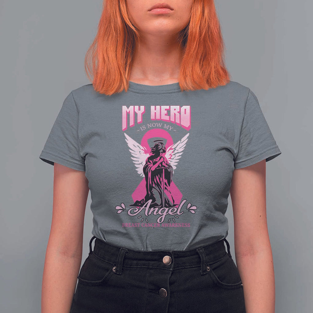 Breast Cancer Awareness T Shirt For Women My Hero Is Now My Angel Pink Ribbon Cancer Warrior TS11 Charcoal Print Your Wear