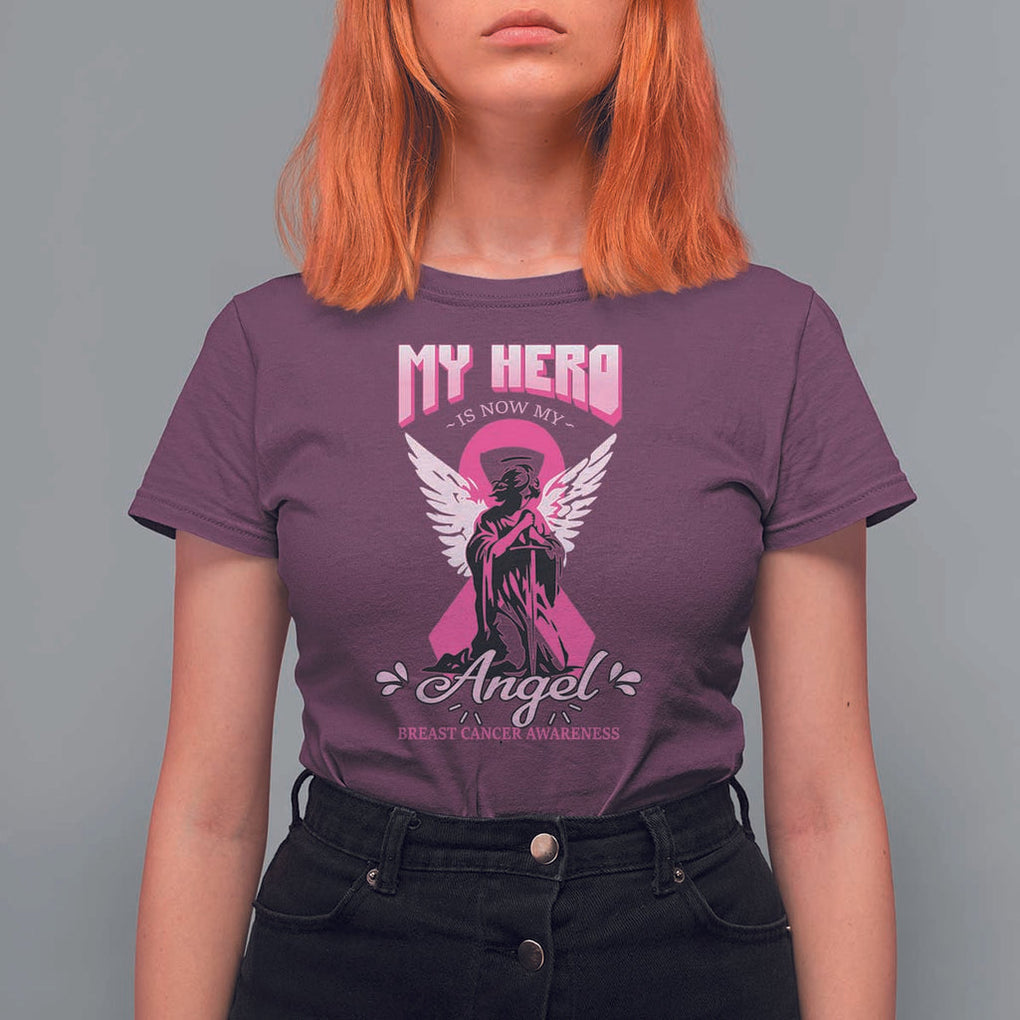 Breast Cancer Awareness T Shirt For Women My Hero Is Now My Angel Pink Ribbon Cancer Warrior TS11 Maroon Print Your Wear