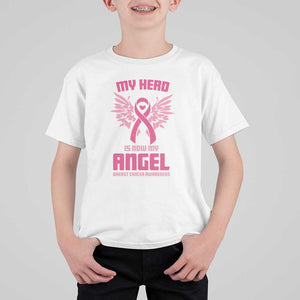 Breast Cancer Awareness T Shirt For Kid My Hero Is Now My Angel Pink Ribbon Wings Heart TS11 White Print Your Wear