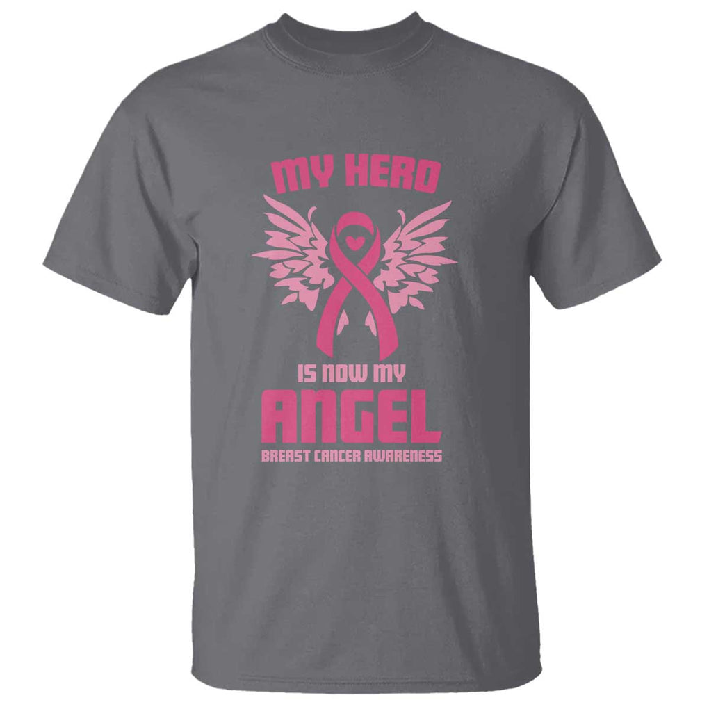 Breast Cancer Awareness T Shirt My Hero Is Now My Angel Pink Ribbon Wings Heart TS11 Charcoal Print Your Wear