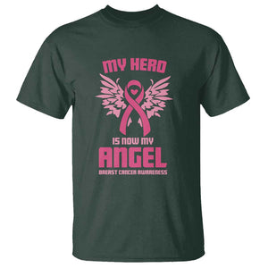 Breast Cancer Awareness T Shirt My Hero Is Now My Angel Pink Ribbon Wings Heart TS11 Dark Forest Green Print Your Wear