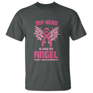 Breast Cancer Awareness T Shirt My Hero Is Now My Angel Pink Ribbon Wings Heart TS11 Dark Heather Print Your Wear