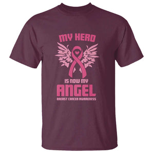 Breast Cancer Awareness T Shirt My Hero Is Now My Angel Pink Ribbon Wings Heart TS11 Maroon Print Your Wear