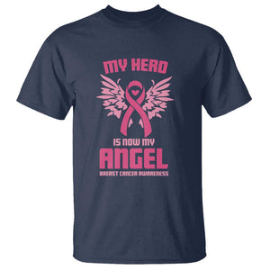Breast Cancer Awareness T Shirt My Hero Is Now My Angel Pink Ribbon Wings Heart TS11 Navy Print Your Wear