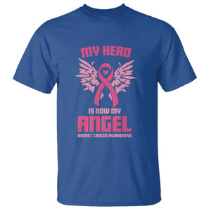 Breast Cancer Awareness T Shirt My Hero Is Now My Angel Pink Ribbon Wings Heart TS11 Royal Blue Print Your Wear