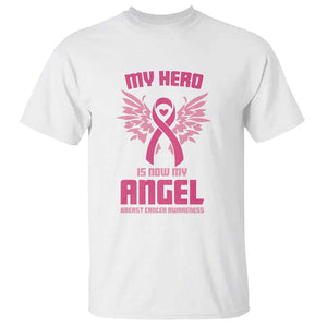 Breast Cancer Awareness T Shirt My Hero Is Now My Angel Pink Ribbon Wings Heart TS11 White Print Your Wear