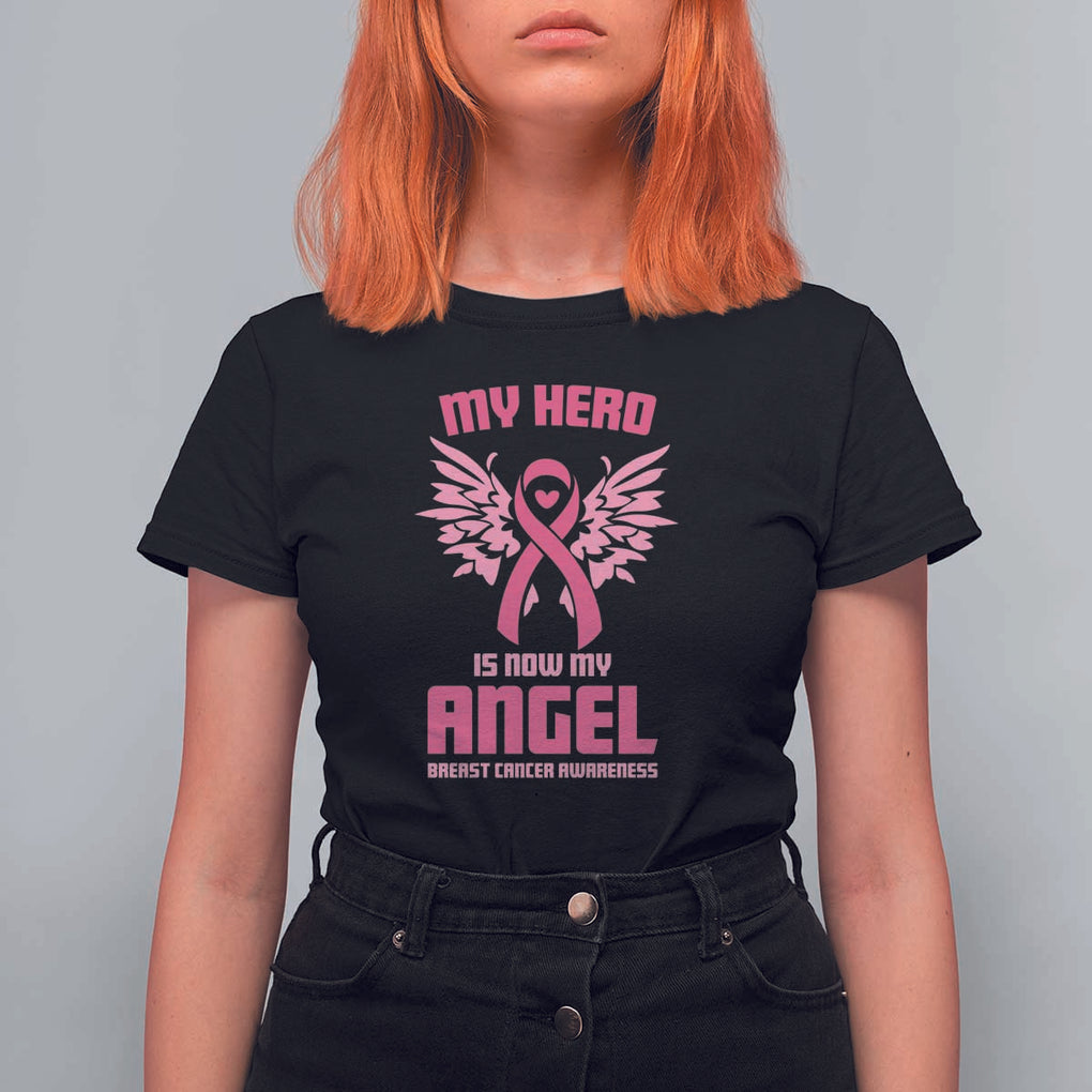 Breast Cancer Awareness T Shirt For Women My Hero Is Now My Angel Pink Ribbon Wings Heart TS11 Black Print Your Wear